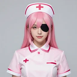 portrait of pink haired woman in nurse uniform wearing an eyepatch, trending on artstation