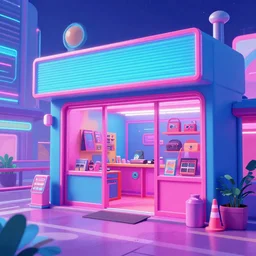 chromatic, synthwave, 80's shop in a synthwave city