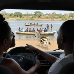 a zebra driving a car in south africa watching human beings partying on the river. humans have boats