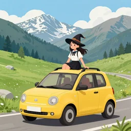 young student witch on a summer roadtrip through the mountains, cute yellow car, by hong soonsang, concept art, digital art, trending on artstation, pixiv, illustration