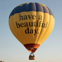 a hot air balloon carrying a sign that says'have a beautiful day ', yellow calibri font, golden hour, photography, award - winning, hyper detailed, 4 k, smooth, sharp focus, trending