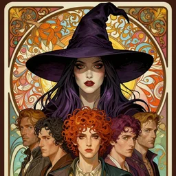 face portrait of a beautiful mysterious witch, by eve ventrue, michael carson, andreas rochas, john watkiss, casey weldon, artgerm. art nouveau. tarot card by mucha. gloomhaven. swirly intricate linework background. gaudy colors, sharp edges. octane render