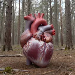 photograph of a human heart laying in a forest full of dead trees
