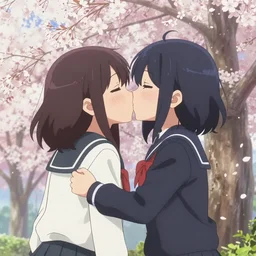 two anime girls kissing near cherry blossom sakura trees, anime key visual, cute