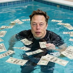 Photography of elon musk swimming in a pool with a lot of dollars bills all around him