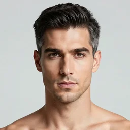 bust portrait of handsome proud man with short black hair with grey hair, piercing in eyebrow, very short full beard, cyberpunk, fashion editorial photography, neon color scheme, waist up, low angle