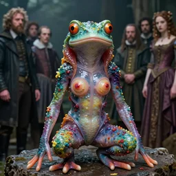 a portrait photograph of brie larson as a brightly colored amphibian hybrid super hero witch satyr with wet mutated scaled skin. wearing a infected transparant organic catsuit. by tom bagshaw, donato giancola, hans holbein, walton ford, gaston bussiere, peter mohrbacher, brian froud and iris van herpen. 8 k, cgsociety