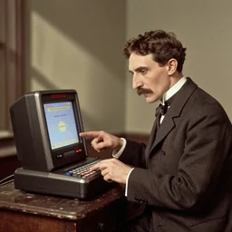 old photo from the 1860s of Nikola Tesla playing Sega Genesis, grainy, film photo, archive