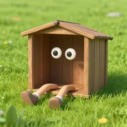 living shed with eyes and legs, sitting in a grassy meadow