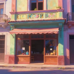 beautiful painting of a colorful cuban storefront, front view, animation, digital art, trending in artstation, hyper detailed, cinematic lighting, art style by disney and pixar