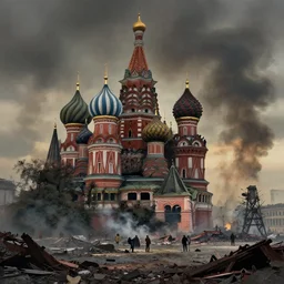 the smoldering ruins of moscow after world war iii, greg rutkowski, michal karcz, trending on artstation --height 1024