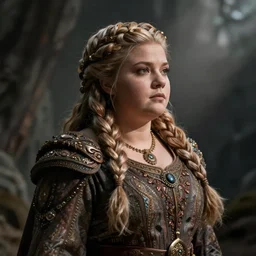 female dwarven noblewoman, chubby short stature, braided intricate hair, by gil elvgren