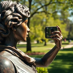 photo still of a bronze statue of a woman using an iphone to take a selfie in a park on a bright sunny day, 8 k 8 5 mm f 1 6