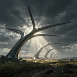 futuristic branching and vaulted cable structure stretching out across the countryside, beautiful dynamic lighting, cinematic, wide angle establishing shot, extremely high detail, photo realistic, cinematic lighting, post processed, concept art, artstation, matte painting, style by eddie mendoza, raphael lacoste, alex ross, volumetric lighting, light rays, photorealistic, ultrarealistic, moody, coronarender, 8k
