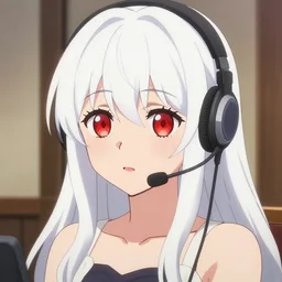 high quality anime film portrait of a cute ( ( red eyed girl!! ) ) with ( ( long white hair!! ) ) wearing a headset in her room interior. art by takashi takeuchi makoto shinkai kyoani, pixiv, danbooru, headshot, cute face by ilya kuvshinov, katsuhiro otomo, hd
