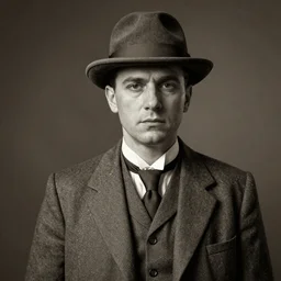 photorealistic sepia portrait of a 1 9 2 0 s plain - looking, almost commonplace, unassuming man, in his mid - thirties. he wears a plain grey suit, a typical 1 9 2 0 s - style haircut, wearing a boater hat, atmospheric lighting, hatless, dark, brooding, painted, intricate, ultra detailed, well composed, best on artstation, cgsociety, epic, stunning, gorgeous, intricate detail, much wow, masterpiece, cinematic aesthetic octane render, 8 k hd resolution,