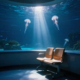 a hospital room inside an aquarium where abyssal creatures are visible, cinematic lighting, sun, jellyfishes, glass, reflection, trending on artstation, glare, highlighted empty chair