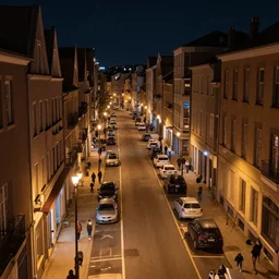 high quality photograph of one city street at night, photo taken at eye height, extremely wide angle, nightlife, people walking, 4 k professional photograph, nice place to live, midrise buildings, carless, soft warm street lamps, small windows, cozy, trending on artstation, detailed, beautiful, photograph, realistic