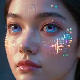 close-up of a face with intricate detailed light-emitting OLED tatoos and contact lenses showing health information and vital sign visualizations, heart rate, ultra HD realistic wide focus 8k ultra soft light RTX on VFX octane render pixiv pinterest colorful more reflection