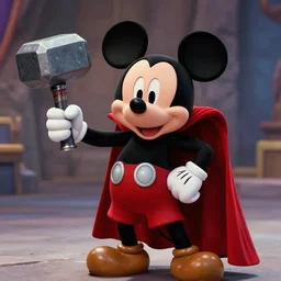 Film still of Mickey Mouse as Thor, holding his Mjolnir