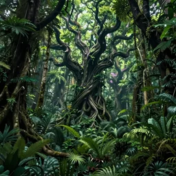 vivid, magical jungle, artwork trees, fairy tale, twisted creepy trees, high detail, epic foliage, fantasy, trending on artstation, detailed, forest landscape, huge scene, scary fairy tale mystical forest, cinematic view, concept art, beautiful, volumetric, amazing nature