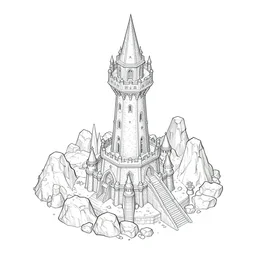 isometric view of a wizard tower that's surrounded by rocks and mountains, lineart