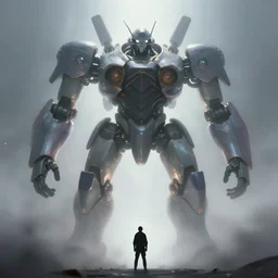 a giant robot, silhouette of a small man below, ominous, ethereal, misty, volumetric fog, beautiful specular illumination, smooth, dynamic, artstation, octopath traveler, by tuomas korpi and jeremy mann, unreal engine 5, 8 k