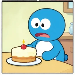 short cartoon strip, blue robot bakes a cake, by bill watterson