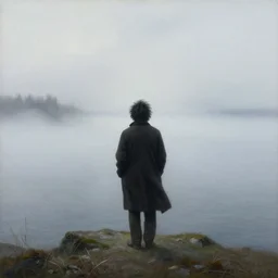 wanderer above the sea of fog by caspar david friedrich but the wanderer has shaggy black hair, cold colors, ultra detailed, single body painting