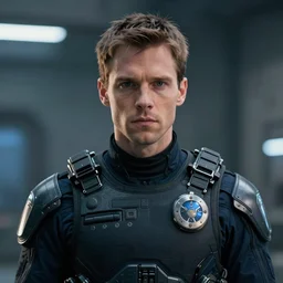portrait of a man by greg rutkowski, he looks like sam witwer, wearing futuristic police gear, scifi, sharp foccus, artstation hq.