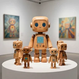 8 k photorealistic, a wooden art toys on a pedestal, cute robot wooden, cyberpunk, concept art, contemporary art gallery, art by ngai, victo