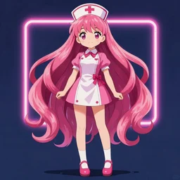 anime style, vivid, expressive, full body, 4 k, painting, a cute magical girl with a long wavy hair wearing a nurse outfit, correct proportions, stunning, realistic light and shadow effects, neon lights, centered, simple background, studio ghibly makoto shinkai yuji yamaguchi