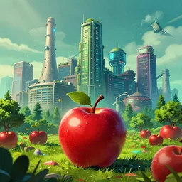 🍎🏭🌳, style artstation, style greg rutkowsk, comic art book,, octane render, unreal engine 6, epic game graphics, fantasy, ciberpunk, conceptual art, ray tracing