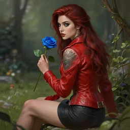 red jacket tattooed attractive girl sits on a garden holding a blue rose, deep focus, turnaround, fantasy, intricate, elegant, highly detailed, digital painting, artstation, concept art, matte, sharp focus, illustration, hearthstone, art by laura h. rubin.