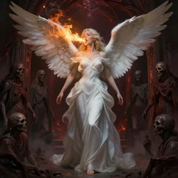 a beautiful angelic woman spitting fire from her mouth at lost souls that are standing at the entrance of hell, fantasy art, art by greg rutkowski and artgerm, amazing detail, hd, illustration, epic, intricate, elegant, artstation, concept art, smooth, sharp focus, cinematic