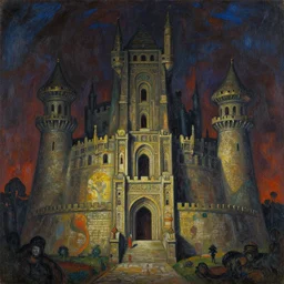 a sinister expressive gouache painting of a incan castle by roger dean in the style of art - nouveau art, 8 k