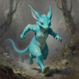 zoom of running magical cyan creature, front view, fantasy, desaturated, tim hildebrandt, wayne barlowe, bruce pennington, donato giancola, larry elmore, oil on canvas, masterpiece, trending on artstation, featured on pixiv, dramatic pose, beautiful lighting, sharp, details, hyper - detailed