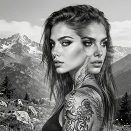 amazing double exposure of beautiful mountain scenery with a beautiful woman face, tattoo design sketch, hyper - realistic, in the style of matteo pasqualin, amazing detail, black and white