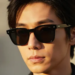 realistic photography portrait of yutaka ozacki with black sunglasses, golden hour lighing, face close - up, intricate, elegant, highly detailed, sharp focus,