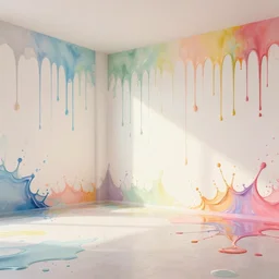 a modern indoor room covered with insanel detailed splahing colorfull liquid oilpaint drips and growing wines on the walls, clean architecture, pastel colored, daylight, peaceful, 8 k, octane render