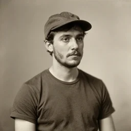 1800s photo of a modern man in a T-shirt and cap