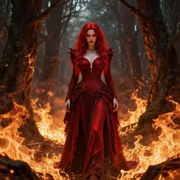 pyromancer in a burning forest, scarlet dress, face features, red hair, glowing eyes, high fantasy, epic, dnd,, highly detailed by artgerm, wlop, michael cheval, peter mohrbacher, boris vallejo, jessica rossier, ultra realistic, wide angle, intricate details, mass effect