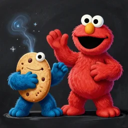 elmo fighting cookie mosnter, digital art, fantasy, magic, chalk, trending on artstation, ultra detailed, professional illustration by basil gogos