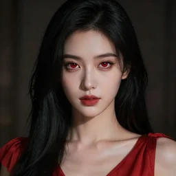 portrait of a woman with long black hair and red eyes, wearing a red dress, 4k, close up shot, detailed face, beautiful, octane render, dark lighting, artstation, high quality, depth of field, ambient occlusion, dark colors,
