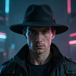 a man wearing a hat from the future, cyberpunk background, highly detailed, epic lighting, 8 k