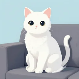 A white anthro cat sitting on a couch, soft lighting, light blue background, digital art, r/furry