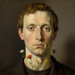 portrait of a man, flowers growing from neck, by rene magritte, detailed painting, hd, hq, high resolution, high detail, 4 k, 8 k