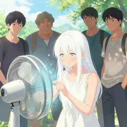 white - haired young girl in front of a fan cooling off from a hot day by dustin nguyen, akihiko yoshida, greg tocchini, greg rutkowski, cliff chiang, 4 k resolution, trending on artstation