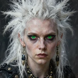 portrait painting of a punk human bard with green eyes and snow white fur, ultra realistic, concept art, intricate details, eerie, highly detailed, photorealistic, octane render, 8 k, unreal engine. art by artgerm and greg rutkowski and charlie bowater and magali villeneuve and alphonse mucha