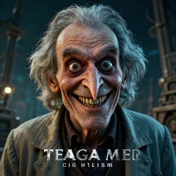 epic portrait cinematic shot an crazy scientist smilling wide with wide eyes, creepy, old man, long sharp nose, sharp jaw, gray hair, fine details. night setting. realistic shaded lighting poster by craig mullism, artgerm, jeremy lipkin and michael garmash, unreal engine, radiant light, detailed and intricate environment, digital art, trending on art station,